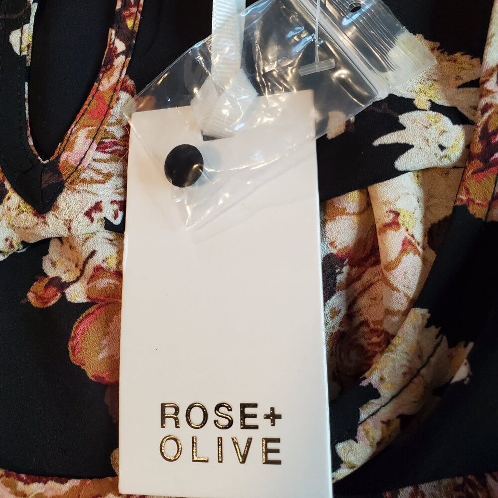 NEW ROSE & OLIVE SZ XL Floral Roses Pink Black Cold Shoulder Ruffles Blouse - Picture 3 of 7